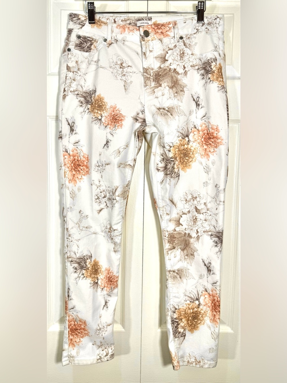 LASCANA Floral Print 7/8 Skinny Jeggings White Blush Stretch Jeans US 10